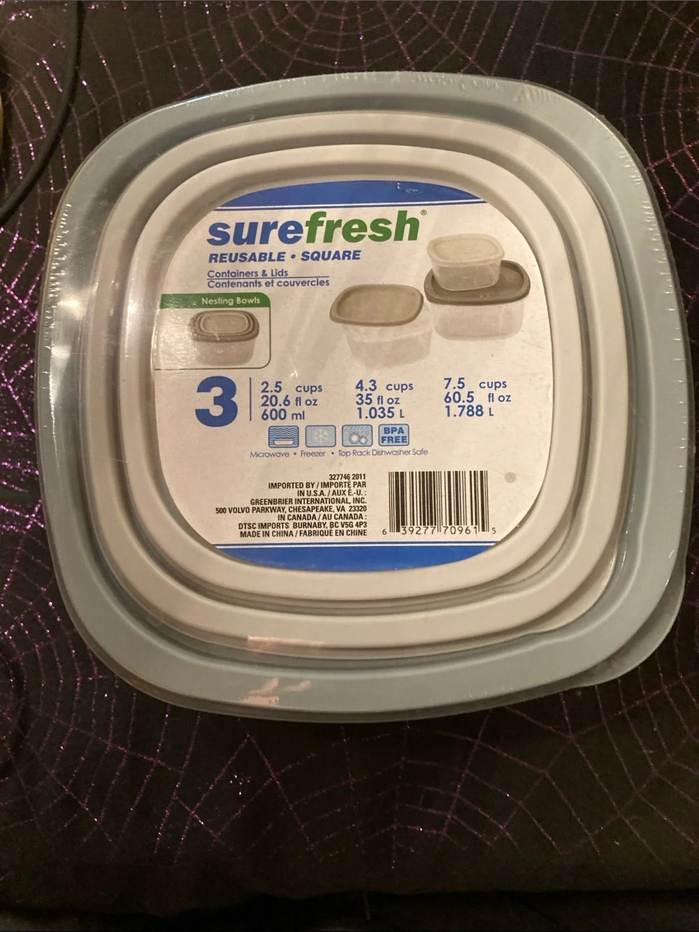 6pc SureFresh Reusable Square Nesting Containers set: 3 Tops, 3 Bottoms
